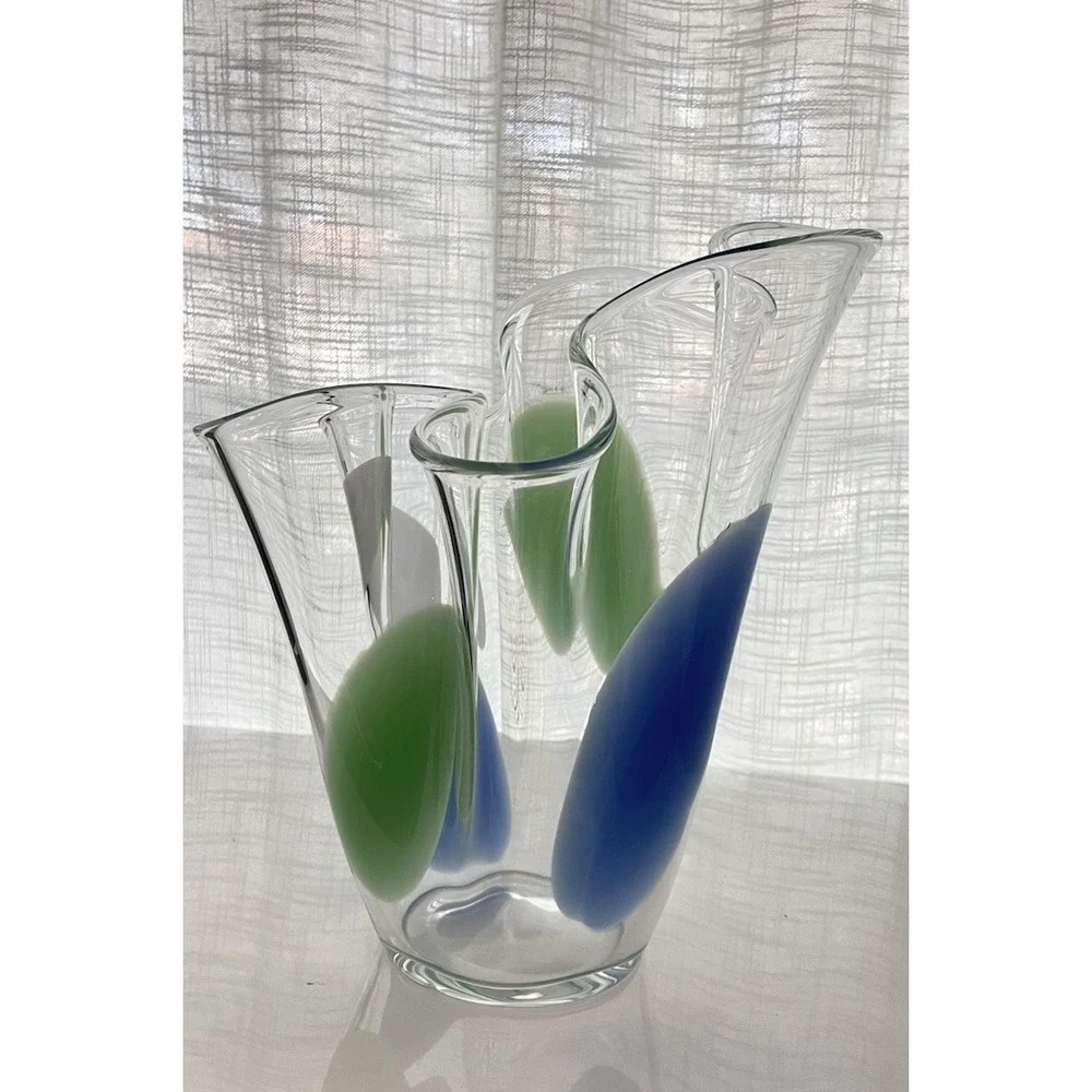 Murano Style‎ Studio Art Glass Vase Modern Ruffled  Rim Green Blue White Large
